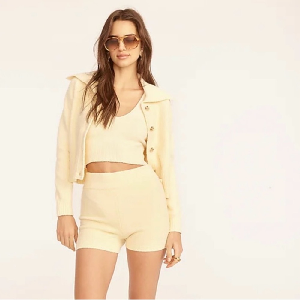 J.Crew fuzzy cotton lounge set with tank, shorts, and cardigan in yellow